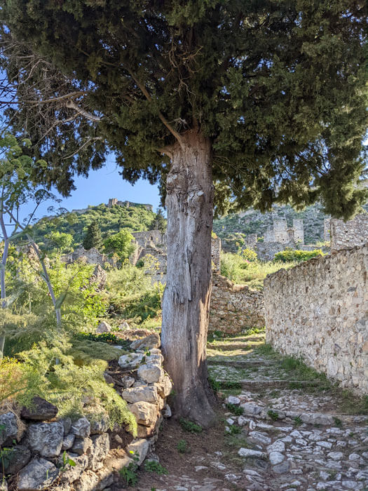 Voyages-Deci-Dela-Balade-dans-les-ruelle-de-la-ville-fantome-de-Mystra-et-aperçu-du-chateau-sur-les-hauteurs-en-Grece