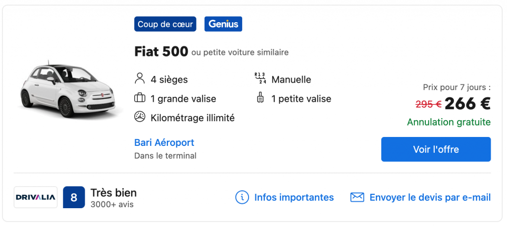 Louer une voiture depuis l'aeroport de Rome ou Bari pour voyager dans les pouilles